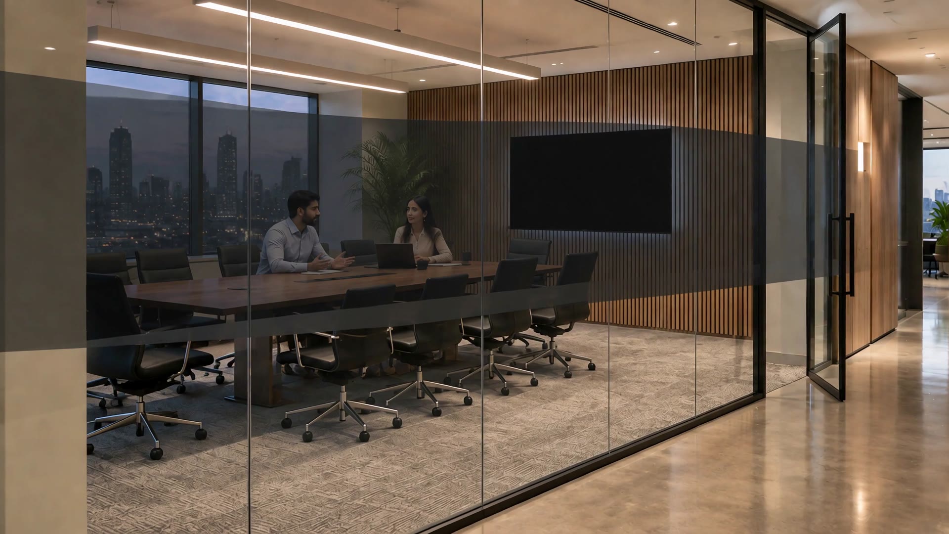 Illustrative visualisation of cloaking film on a glass boardroom partition — video preview