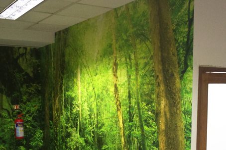 Floor-to-ceiling forest mural lining an EdgeVerve circulation corridor.